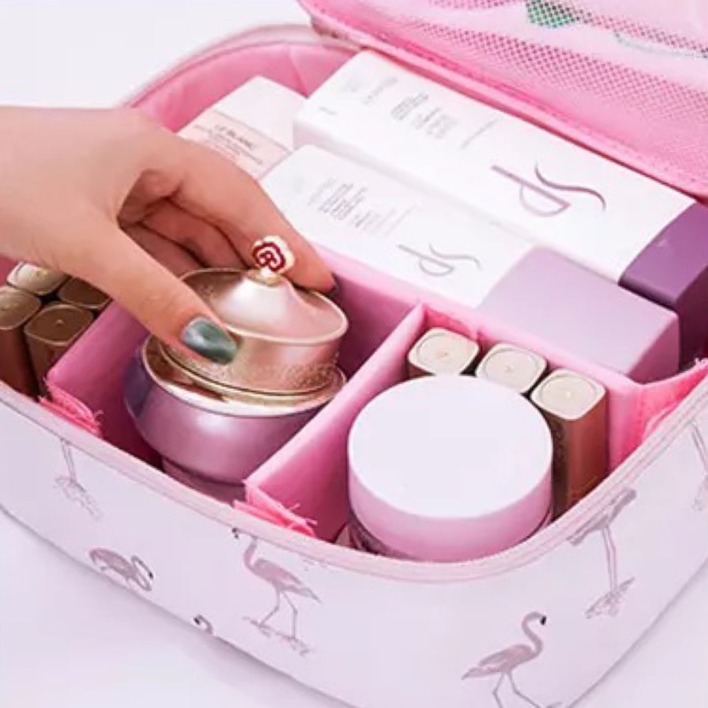 Large Multi Section Pink Flamingo Zippered Cosmetic Travel Bag - Picture 3 of 8
